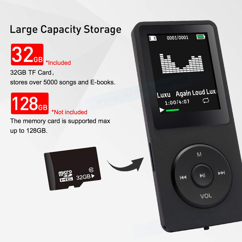MP3 Player 32GB with Speaker FM Radio Earphone Portable HiFi Lossless Sound MP3 Mini Music Player Voice Recorder E-Book HD Screen 1.8 inch Black Support up to 128GB