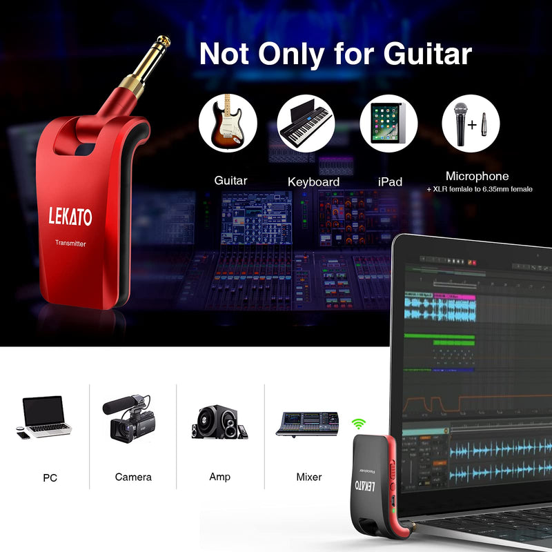 LEKATO Stereo 2.4Ghz Wireless Guitar Transmitter Receiver with 1/4” & 1/8” Plugs Rechargeable Digital Wireless Guitar System for Mono/Stereo Sound Musical Instruments Black+Red