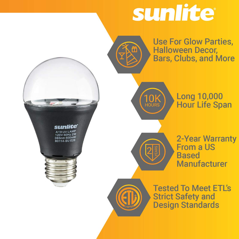 [AUSTRALIA] - Sunlite 80114-SU LED A19 Black Light Bulb The Only True 365nm Wavelength On Amazon, Inconspicuous UV-A Rays – Bright Glow Effect, 2 Watts, 1 Pack, BLB 