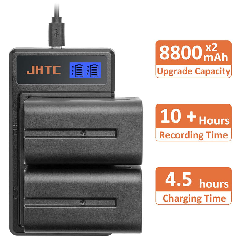 JHTC NP-F970 F960 Battery 2 Pack 8800mAh and Dual USB Charger Compatible with Sony HDR-AX2000,DCM-M1,MVC-CD1000,HDR-FX1,HDR-FX1000,DCR-VX2100,DSR-PD150,DSR-PD170,FDR-AX1,HDR-FX7,HVL-LBPB,HVR-HD1000U Charging Station w/ 2 Batteries