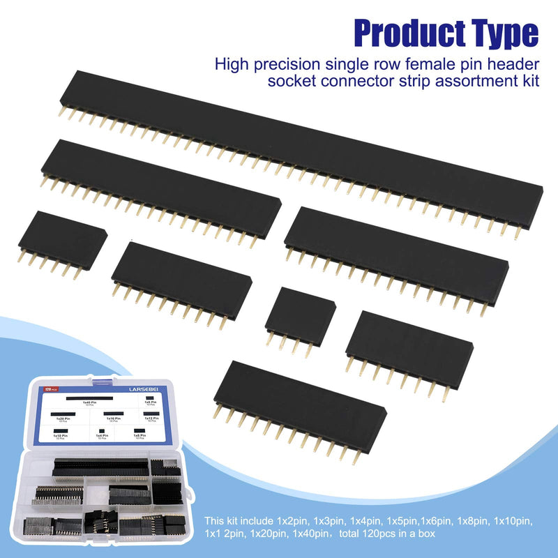 LARSEBEI 120Pcs 2.54mm Straight Single Row PCB Board Female Pin Header Socket Connector Strip Assortment Kit for Arduino Prototype Shield(Single Row)