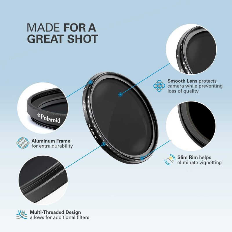 Polaroid Optics 55mm Multi-Coated Variable Range [ND3, ND6, ND9, ND16, ND32, ND400] Neutral Density Fader Filter ND2-ND2000 - Compatible w/ All Popular Camera Lens Models 55 mm