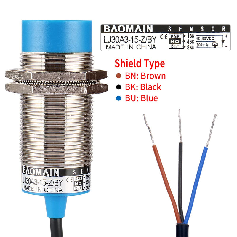 Baomain M30 Non-Embedded Inductive Sensor Switch LJ30A3-15-Z/BY Cylindrical Type DC 10-30V 3 Wire PNP NO(Normally Open) CE