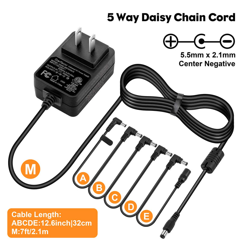 Pedal Power Supply Adapter 9V 1A AC/DC 5 Way Daisy Chain Cables Charger for Effect Pedal, ETL Listed, Center Negative, SPA-3