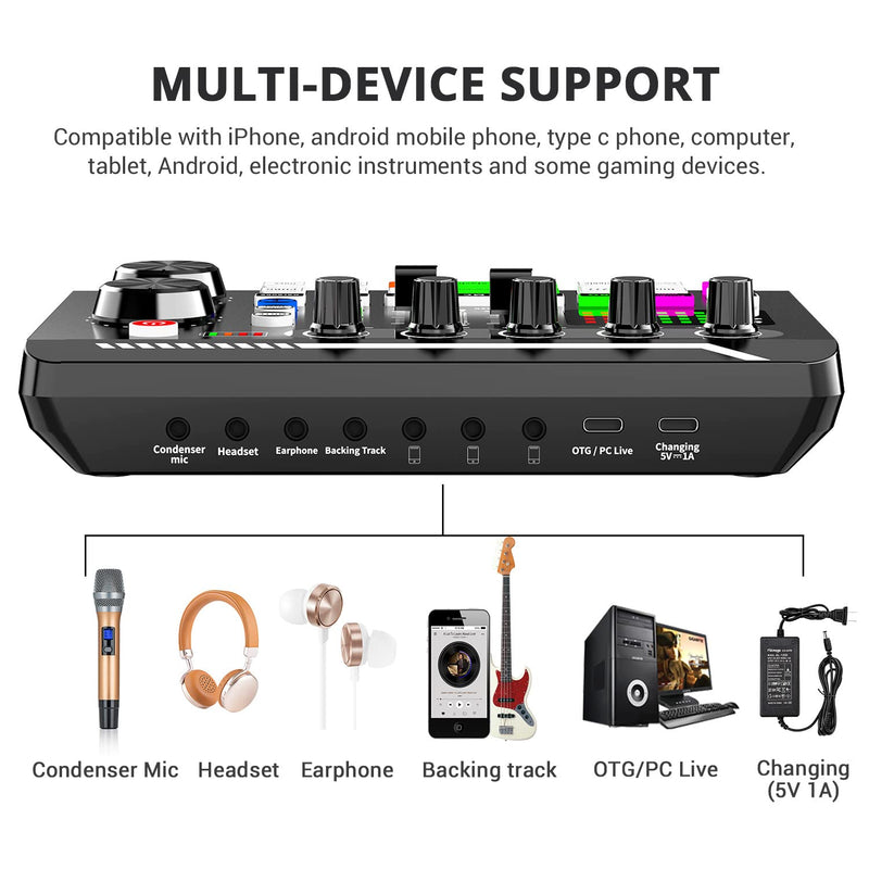 Facmogu F998 Live Sound Card Audio Mixer Podcast, Voice Changer for Sound Effects Board for Microphone Karaoke Tiktok YouTube Streaming Recording