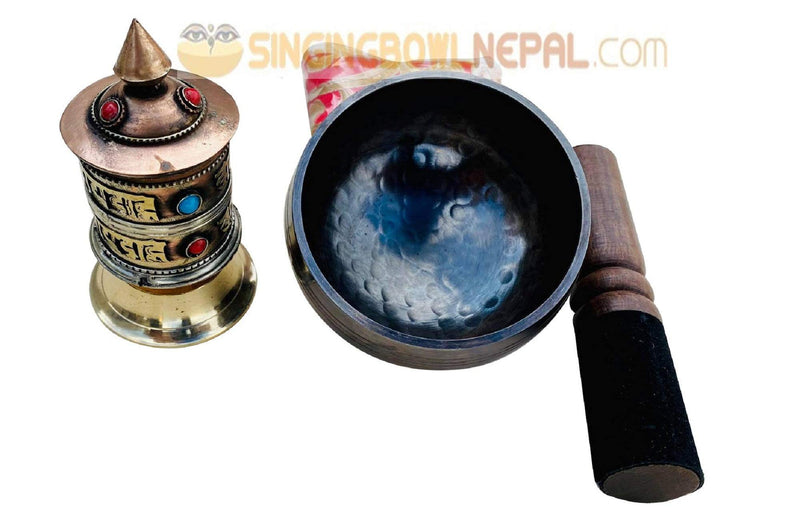 Hand Beaten C Root Chakra Tibetan Meditation Yoga Singing Bowl 3 Inch Set Includes Free Table Top Prayer Wheel