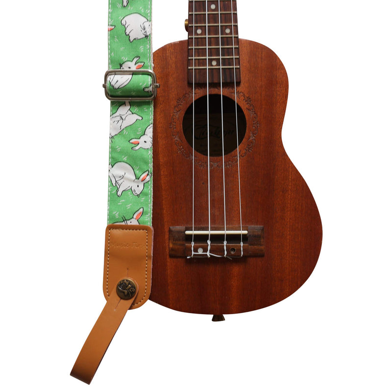 MUSIC FIRST Original Design Cute Cartoon “Little Bunny” Soft Cotton & Genuine Leather Ukulele Strap Ukulele Shoulder Strap With a MUSIC FIRST Genuine Leather Strap Locker