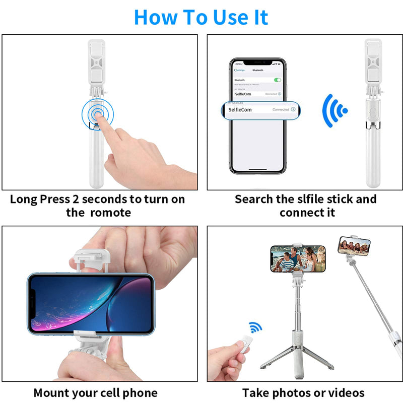 Selfie Stick, Senli 4 in 1 Bluetooth Selfie Stick, Tripod & Phone Stand 360° Rotation Holder with Detachable Remote for Small Camera As GoPro and Compatible with iPhone/Samsung/Huawei Selfie Stick-White