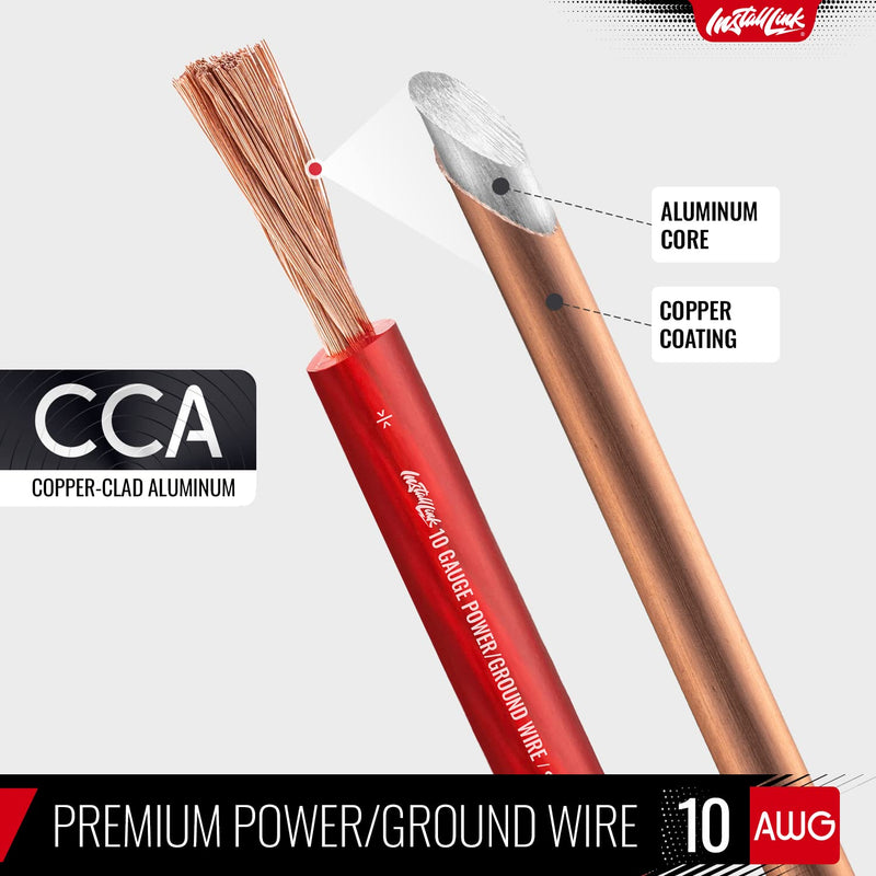 InstallLink 10 Gauge Power or Ground Wire Cable, 20ft, CCA Frosted Red