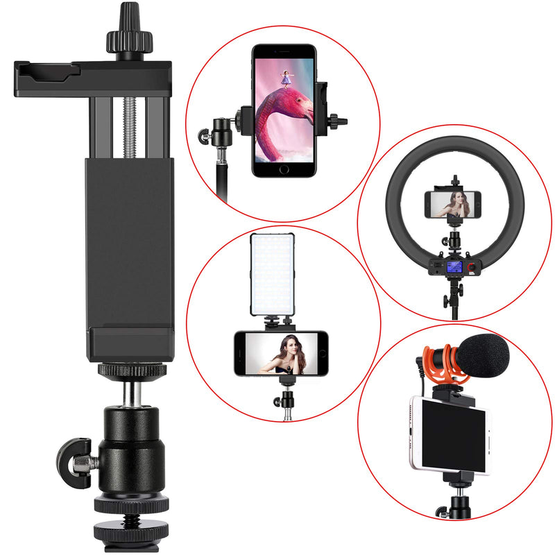 Phone Mount Ring Light Holder Mount Clip Phone Tripod Mount Ring Light Phone Mount Adapter for iPhone+Rotation Mini Ball Head+Hot Shoe Attach Fits Ring Light an Tripod