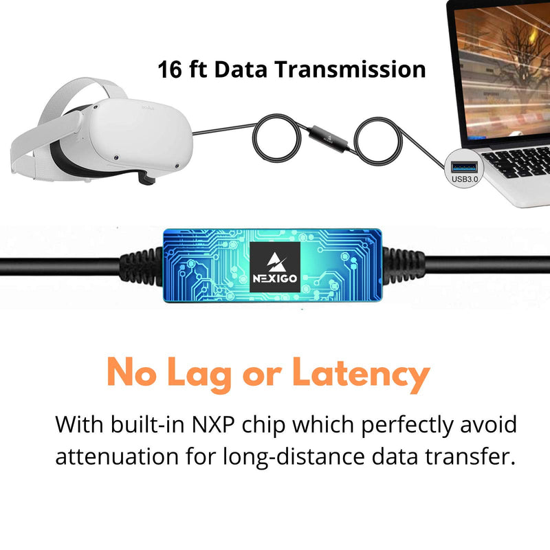 NexiGo 16FT Oculus Link Cable with Signal Amplifier, 2021 Upgraded USB 3.2 Gen1 Type C to A, Fast Charging & High-Speed Data Transfer (up to 5Gbps), Compatible with Quest 1 and 2 Headset to Gaming PC
