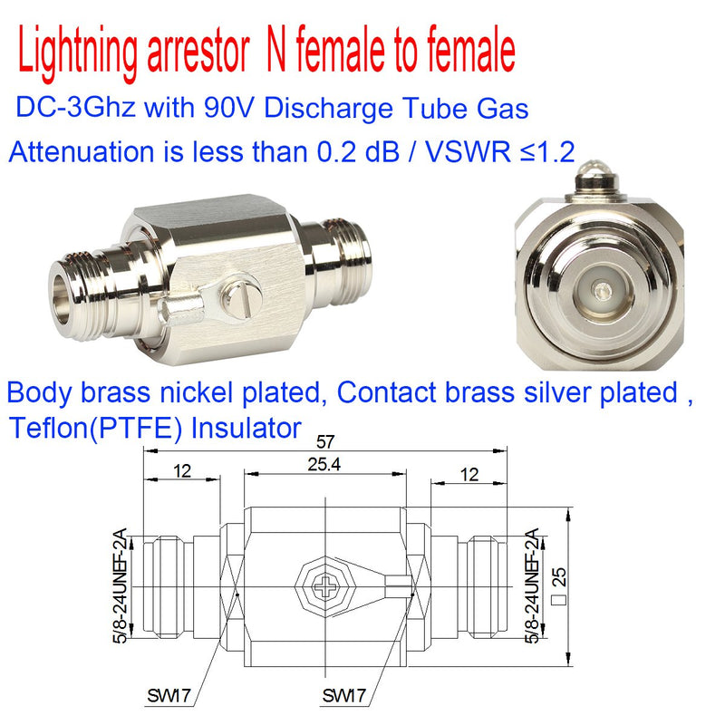 RFiotasy Lightning arrestor N Female to Female 50 Ohm Lightning Surge Protector with 90 V Gas Tube DC-3GHz
