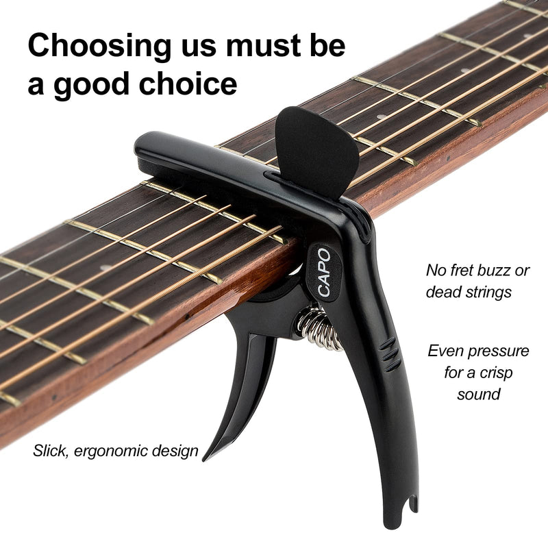 Guitar Capo, 3-in-1 multifunction capo for Acoustic and Electric Guitars (Free bonus 4 picks) with Pick Holder and Pin Puller, Guitar Accessories, Black color