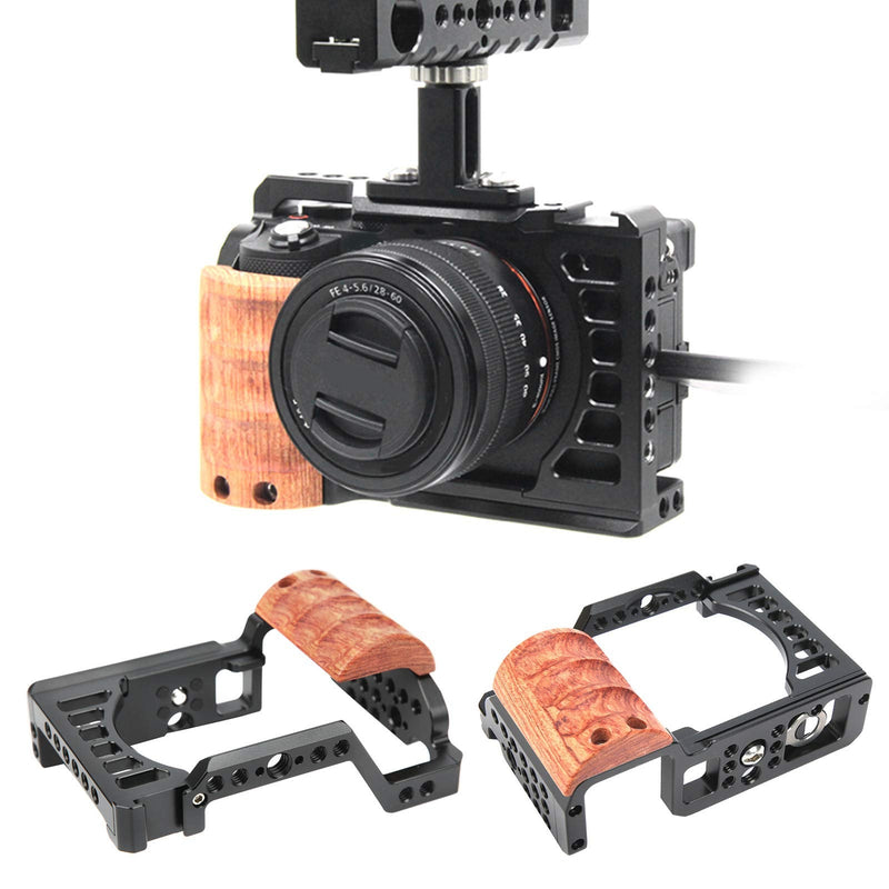 Vlog Camera Cage for Sony A7C, Camera Video Stabilizer Shooting Cage Kit with Wooden Handle Grip, with 1/4in & 3/8in Screw Hole and Cold Shoe Mount