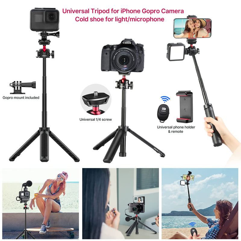 Camera Phone Tripod Flexible for Gopro - Mini Desktop Table Tripod Extendable Handle Selfie Stick Phone Hot Shoe Mount Remote Shutter Vlog Kits for Sony iPhone Gopro Hero Black