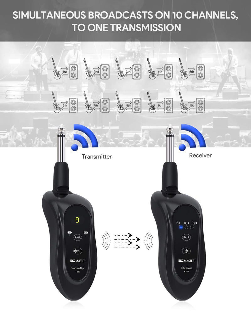 [AUSTRALIA] - BCMASTER K380 Wireless Guitar System Rechargable 10 Channels Ultra-Low Latency, Wireless Guitar Transmitter Recevier for Electric Guitar Bass 