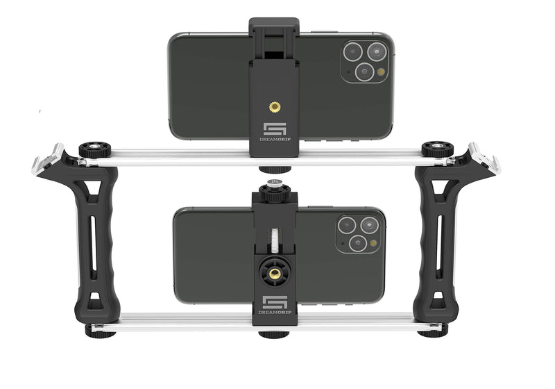 DREAMGRIP Evolution Frame Universal Modular Video Rig – Filming Case with 2 Stabilizing Grips, 2 Tracks, 2 Smartphone Holders, Tripod Adapter-for iPhone 11 Pro-Max-XS,Samsung,Google Pixel,Huawei etc
