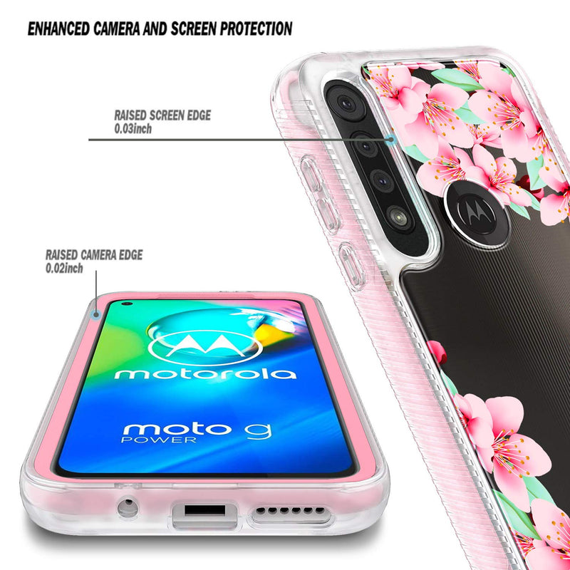 E-Began Moto G Power Case with [Built-in Screen Protector], Full-Body Shockproof Protective Bumper Cover, Impact Resist Durable Cute Case for Motorola G Power (2020) -Flower Design Peach Blossom Flower Design Peach Blossom