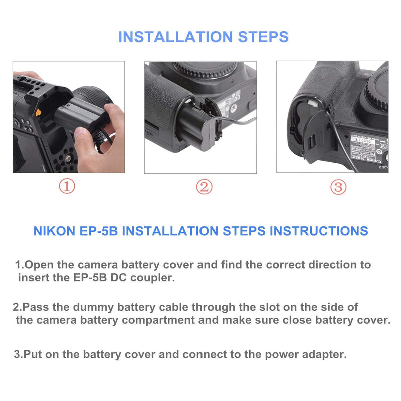 Kimaru EH-5b EP-5B DC Coupler EN-EL15 Dummy Battery AC Power Adapter Kit for Nikon D500 D600 D610 D750 D780 D800 D800E D810 D810A D850 D7000 D7100 D7200 D7500 Z5 Z6 Z6II Z7 Z7II 1V1 Cameras.