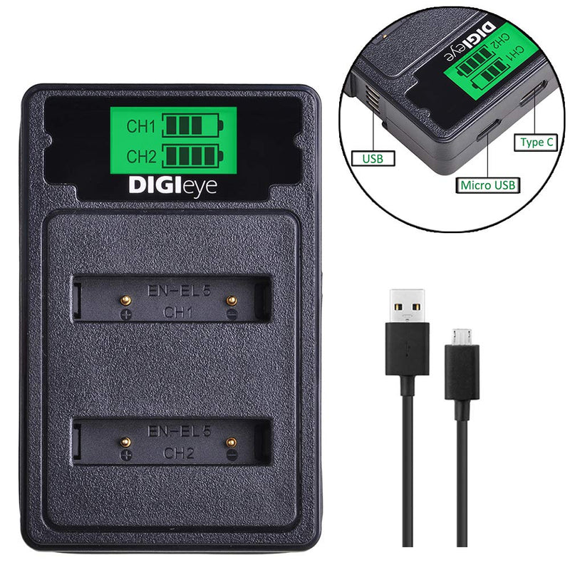 DIGIeye EN-EL5 Replacement Battery (2-Pack) and Dual LCD USB Charger kit for Nikon EN-EL5 Coolpix P530, P520, P510, P100, P500, P5100, P5000, P6000, P90, P80 Cameras