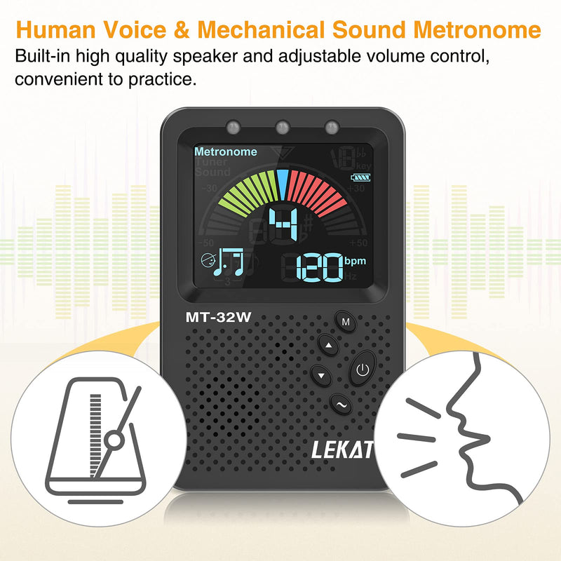 LEKATO Metronome Tuner, Rechargeable 3 In 1 Digital Tuner Metronome Tone Generator for Guitar, Bass, Violin, Ukulele Chromatic Multifunction Tuner for All Instruments Metronome with Human Voice Beat Black