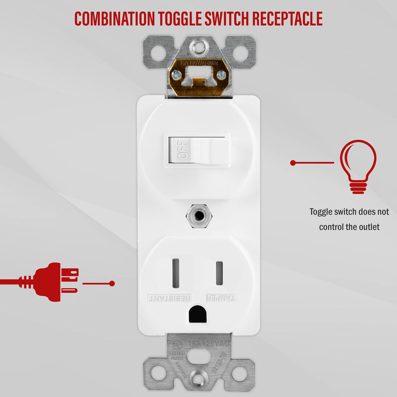 ENERLITES Combination Single Pole Toggle Switch 15A/120VAC and Tamper-Resistant Receptacle 15A/125VAC, Residential Grade, UL Listed, 62150-TR-W, White, 1 Pack