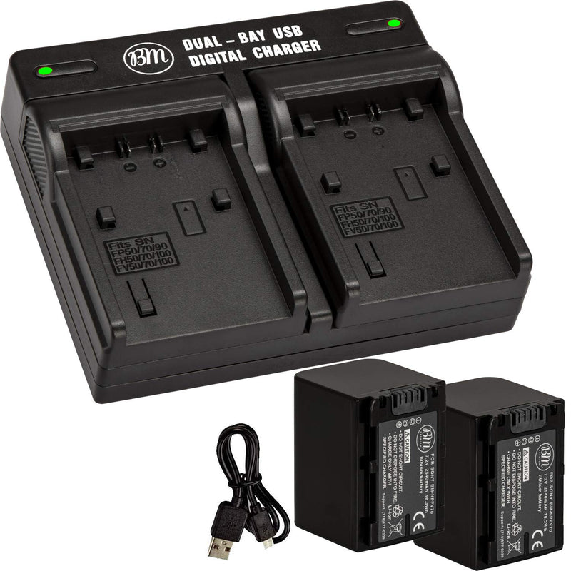 BM 2 NP-FV70 Batteries & Dual Charger for Sony FDR-AX700, PXW-Z90V, HXR-NX80, HDR-CX455 HDR-CX675, CX330, CX900, PJ340, PJ540, PJ670B, PJ810, FDR-AX33, FDR-AX53, FDR-AX100, NEX-VG10, VG20, VG30 VG900