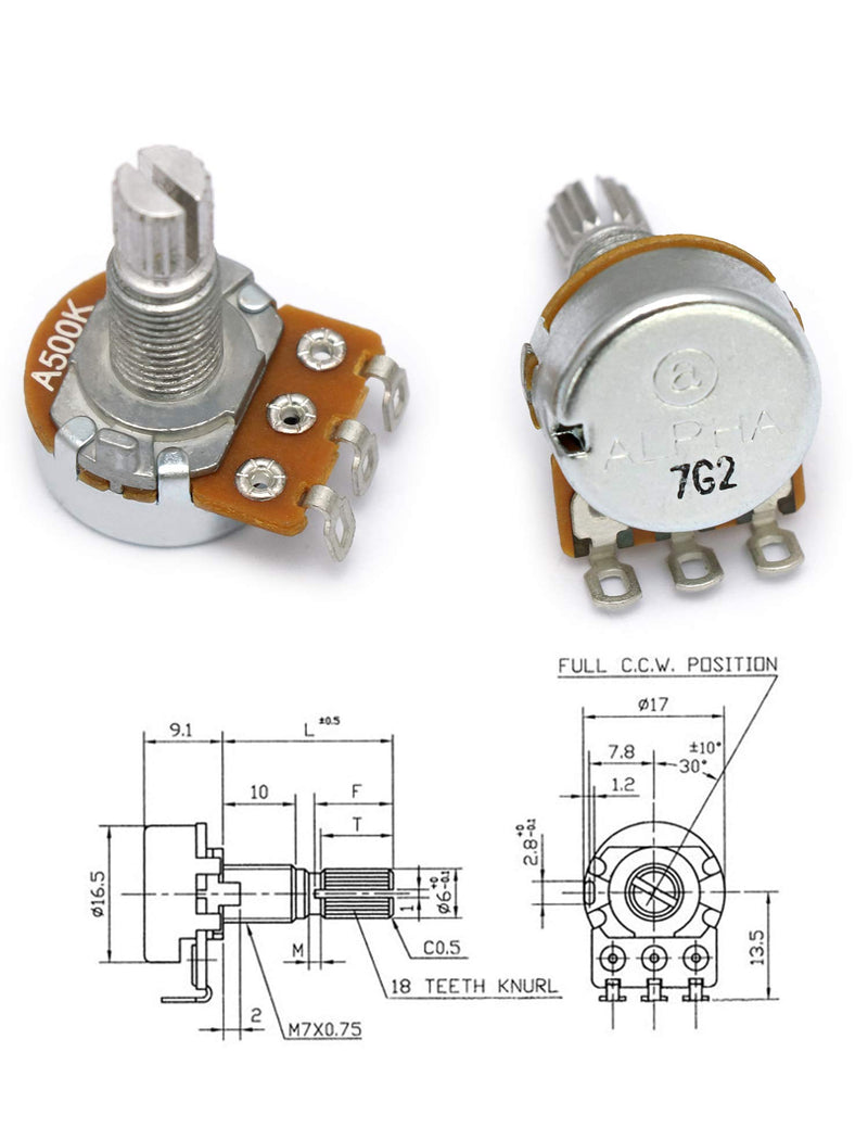 Metallor Mini Alpha Pots Log A500k Volume Audio Potentiometer Electronics for Electric Guitar or Bass Guitar. (Mini A500k) Mini A500k