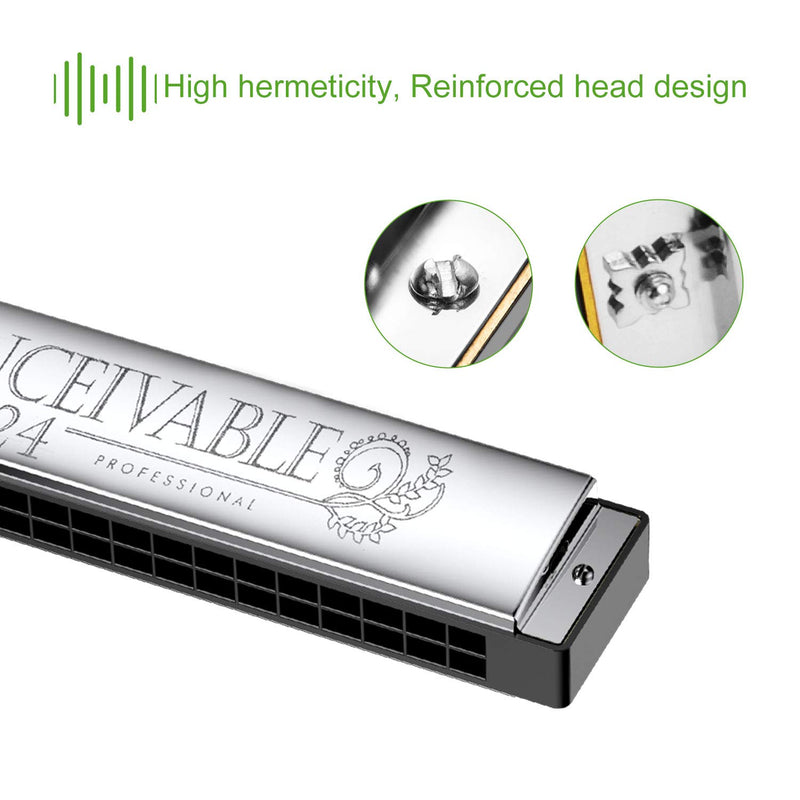 OTraki Harmonica Key of C 24 Holes Mouth Organ Double Tremolo Polyphony Harmonica Stainless Steel Shell Widely Used Harmonica with Case and Clean Cloth for Kids Beginners Advanced
