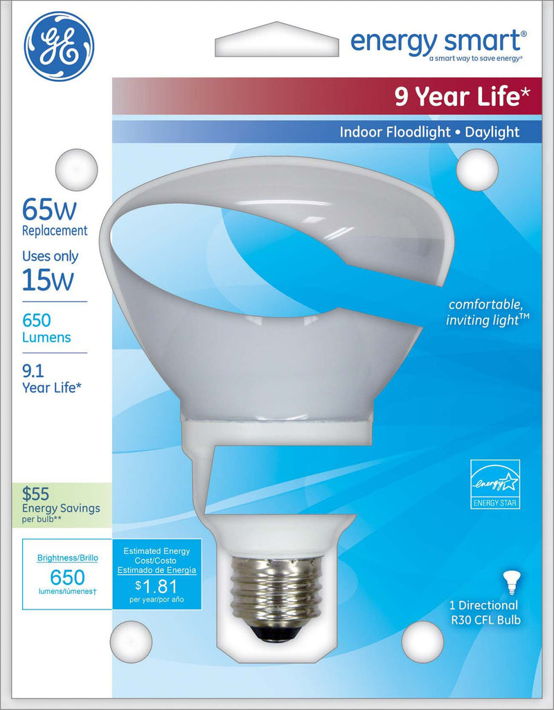 GE Lighting 78950 Energy Smart CFL 15-Watt (65-watt replacement) 650-Lumen R30 Floodlight Bulb with Medium Base, 1-Pack Daylight (6500K) 1-Pack: 650-Lumens