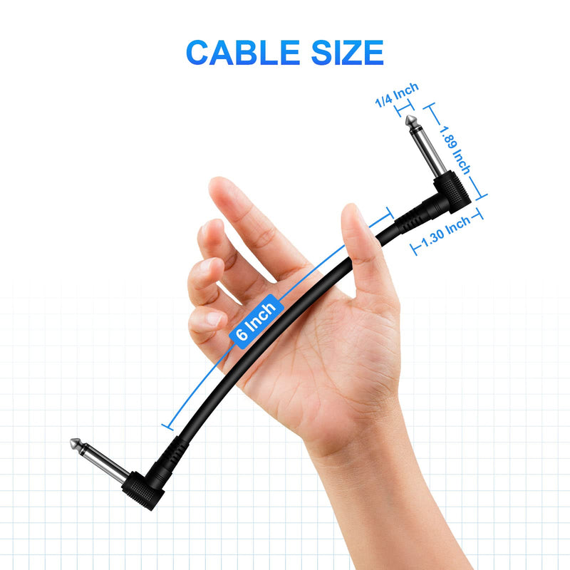 Heams Professional 6 Pack of 6 Inch Guitar Patch Cable, Noise Free and Super Durable Guitar Pedal Cable, Right Angle Pedal Board Cables, Black 6 PACK-6INCH