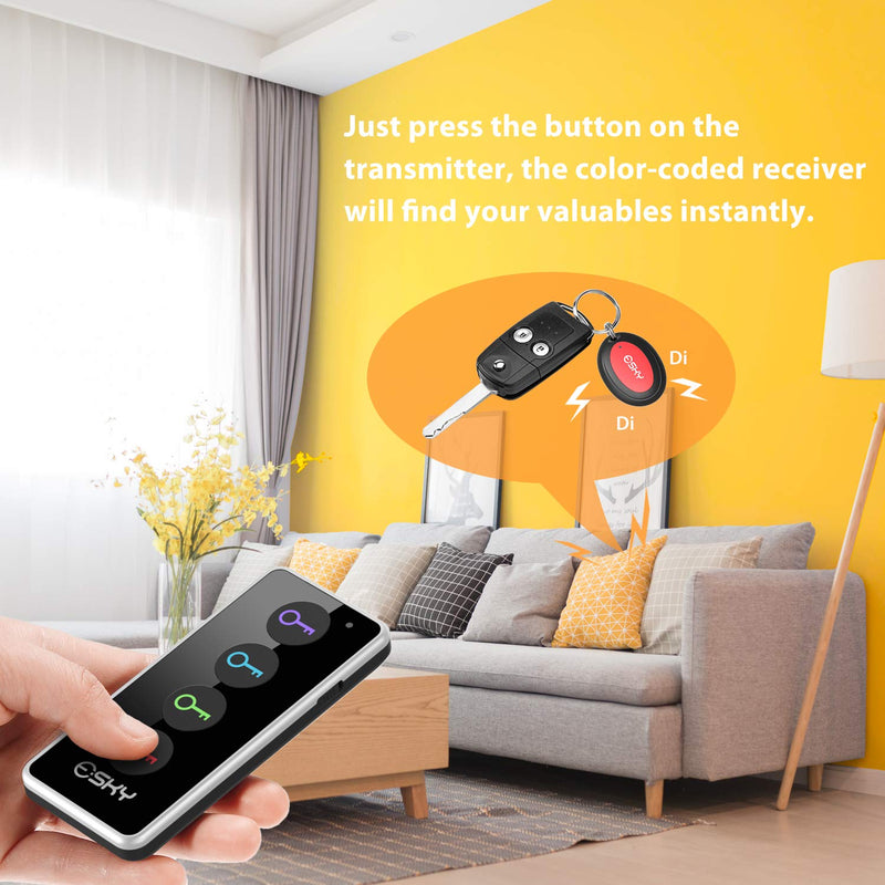 Key Finder, Esky 80dB Wireless RF Item Locator with 131ft Working Range in Open Space and Led Flashlight Function, 4 Receivers Remote Finder for Finding Key, Wallet, Remote, Phone and Pet