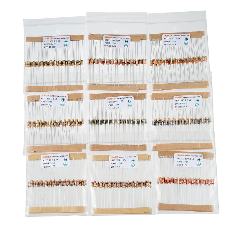 HUAREW 25 Values Single Resistor Kit with 1000 Pcs 1 Ohm-1M Ohm 1/4 W 5% Carbon Film Resistors Assortment Kit for DIY Projects and Experiments