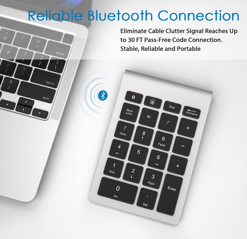 Foloda Bluetooth Number Pads for Laptop: 22 Keys Wireless Financial Accounting Numeric Keypad, External 10 Keys Numpad Keyboard for Computer Surface Pro Notebook,Desktop Silver Black