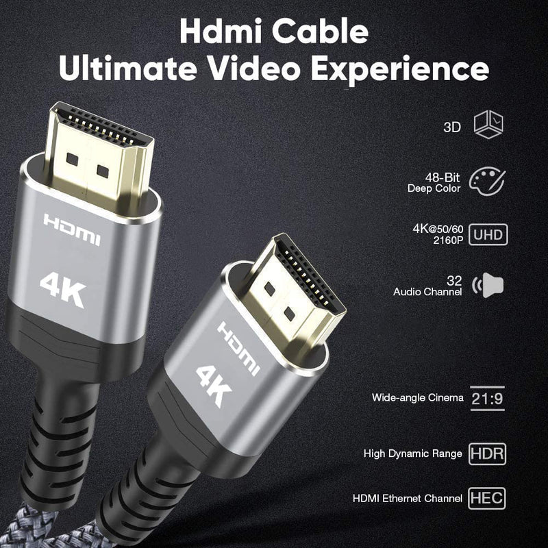 4K60HZ Long HDMI Cable,Highwings 33FT 2.0 High Speed HDMI Braided Cord-Supports (4K 60Hz HDR,Video 4K 2160p 1080p 3D HDCP 2.2 ARC-Compatible with Ethernet Monitor PS5/4/3 4K Fire Netflix 33 feet Grey