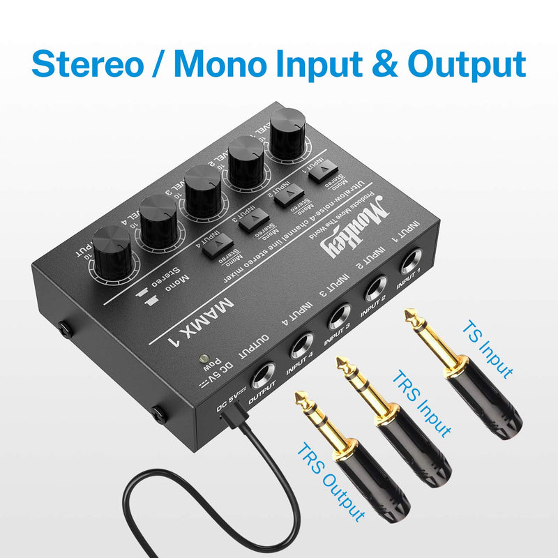 [AUSTRALIA] - Moukey Ultra Low-Noise 4-Channel Line Mixer for Sub-Mixing, DC 5V 4-Stereo Mini Audio Mixer, Ideal for Small Clubs or Bars. As Microphones, Guitars, Bass, Keyboards or Stage Mixer-MAMX1 