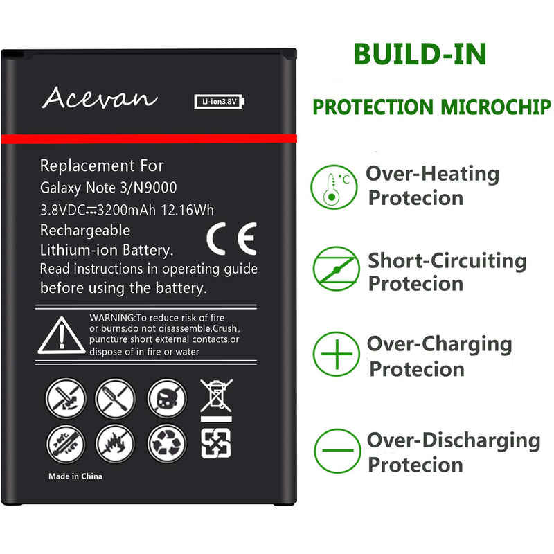 Note 3 Battery Acevan Li-ion Battery Replacement for Samsung Galaxy Note 3 N900, Verizon N900V, Sprint N900P, AT&T N900A, N900T, N9005 LTE Galaxy Note 3 Batteries