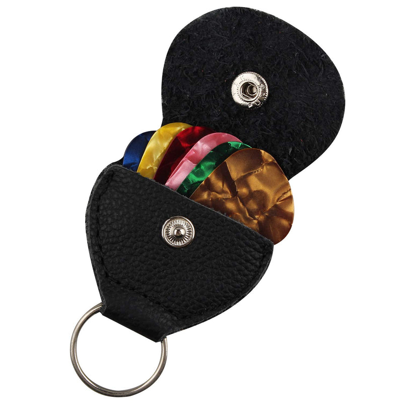 Futheda 2 Pieces Leather Plectrum Holder Case Keyring and 6 Pieces Doubled Sided Colorful Celluloid Material Guitar Picks Plectrums for Electric, Acoustic, or Bass Guitar 0.96mm