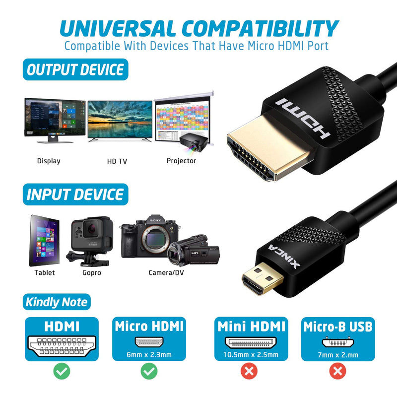 XINCA Micro HDMI Cable 6ft, Type D HDMI to Standard HDMI Support 3D, 4K Resolution