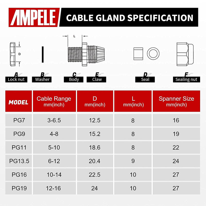 AMPELE Cable Gland 50 Pack Waterproof Adjustable 3-16mm PG7 PG9 PG11 PG13.5 PG16 PG19 Nylon Cable Glands Joints With Gaskets Cable Gland Kit