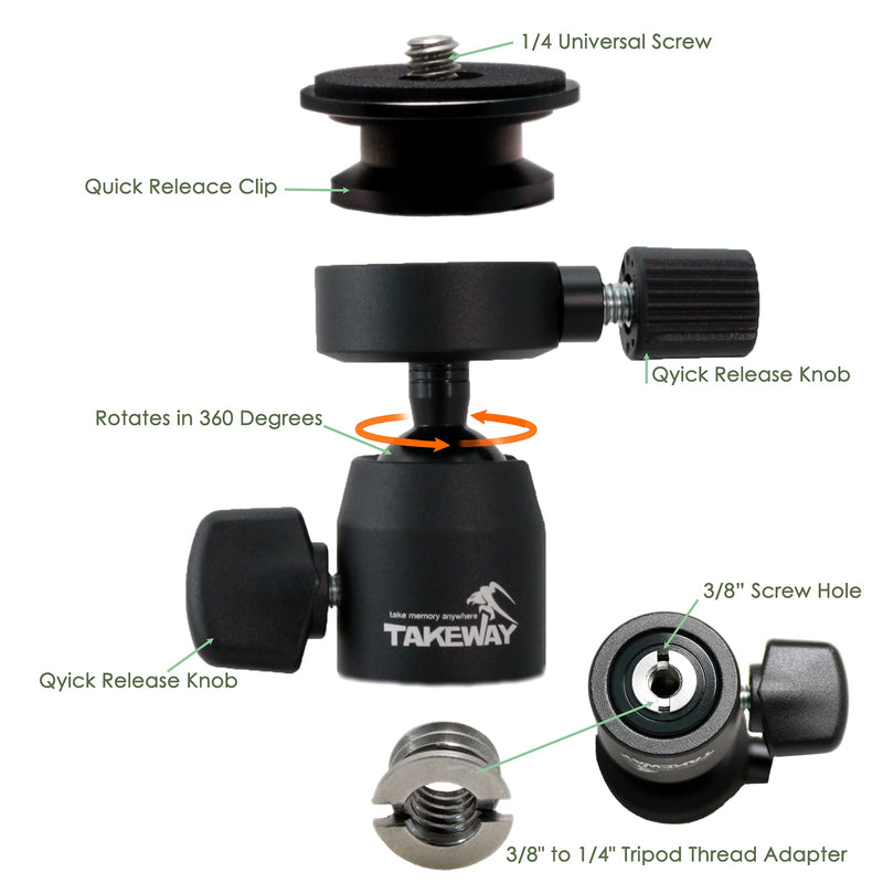 TAKEWAY T-B03 Mini Ball Head, 360 Degrees Rotatable Tilt Panoramic and Quick Release Plate with 1/4 inch Screew Hole, for DSLR Cameras, Tripods, Monopods, GoPro, Slider, Light Stand, Most Elect