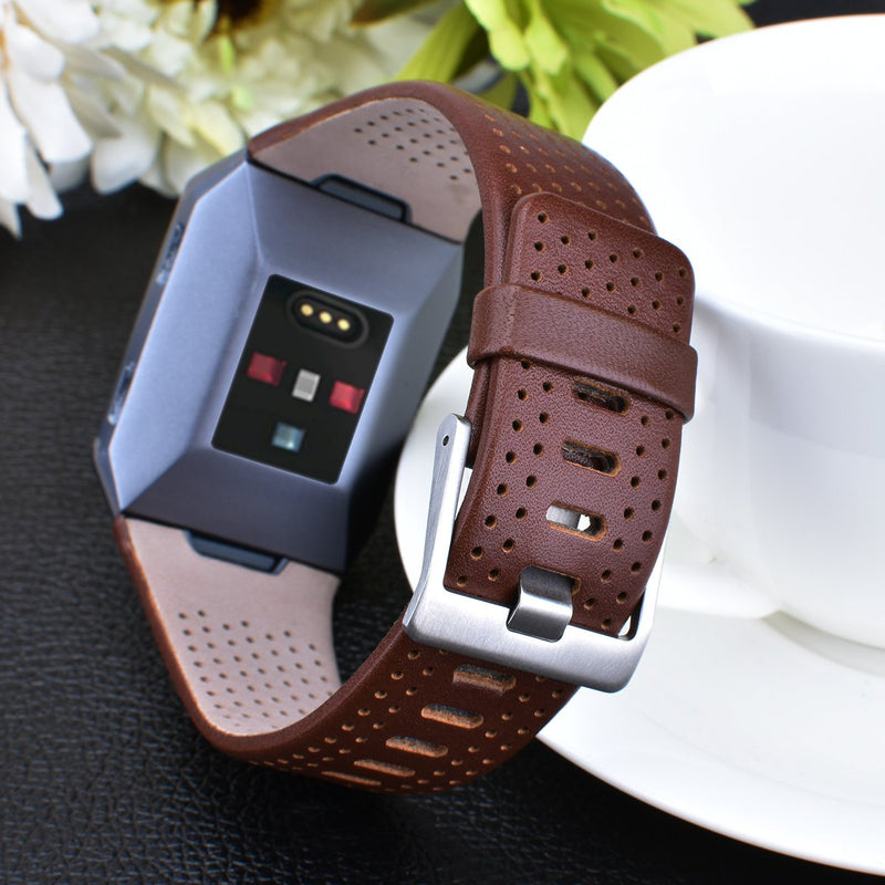 CAGOS Compatible with Fitbit Ionic Bands Men Women, Breathable Genuine Leather Straps Replacement Accessories Wristbands for Fitbit Ionic Smart Watch (Dark Brown Large(6.29''-8.66'')) Dark Brown Large(6.29''-8.66'')