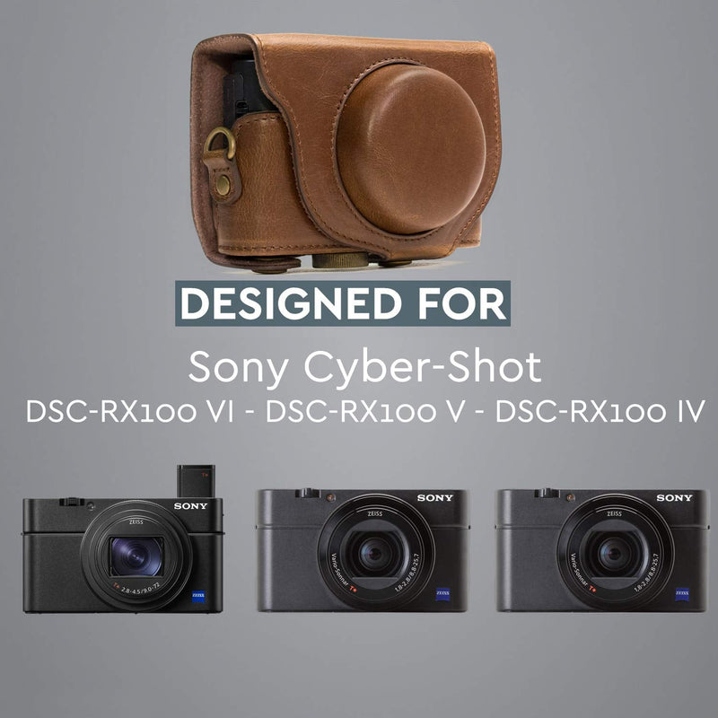 MegaGear Ever Ready Leather Camera Case Compatible with Sony Cyber-Shot DSC-RX100 VI, DSC-RX100 V, DSC-RX100 IV, DSC-RX100 III Dark Brown