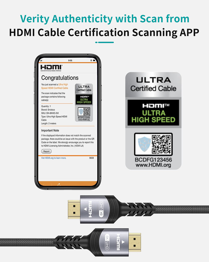 8K HDMI 2.1 Cable 6.6FT, Sniokco Certified 48Gbps Ultra High Speed Braided HDMI Cable 2M, Support Dynamic HDR, eARC, Dolby Atmos, 8K60Hz, 4K120Hz, HDCP 2.2 2.3, Compatible with HD TV Monitor and More 6.6 feet Grey