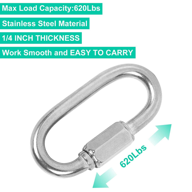 12Pack Stainless Steel 1/4? Quick Link, Heavy Duty M6 6mm Chain Link, 620lbs Capacity D Shape Locking Carabiner, Threaded Carabiner Clips for Swing Hammock Camping Outdoor and Indoor Activities