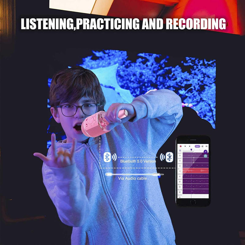 BONAOK Voice Changing Microphone Kids,Karaoke Wireless Microphone,Portable Party Ktv Microphone, Karaoke Speaker Machine Home Travel Kids Sing Along Microphone for iPhone,for Android (V07 Pink)