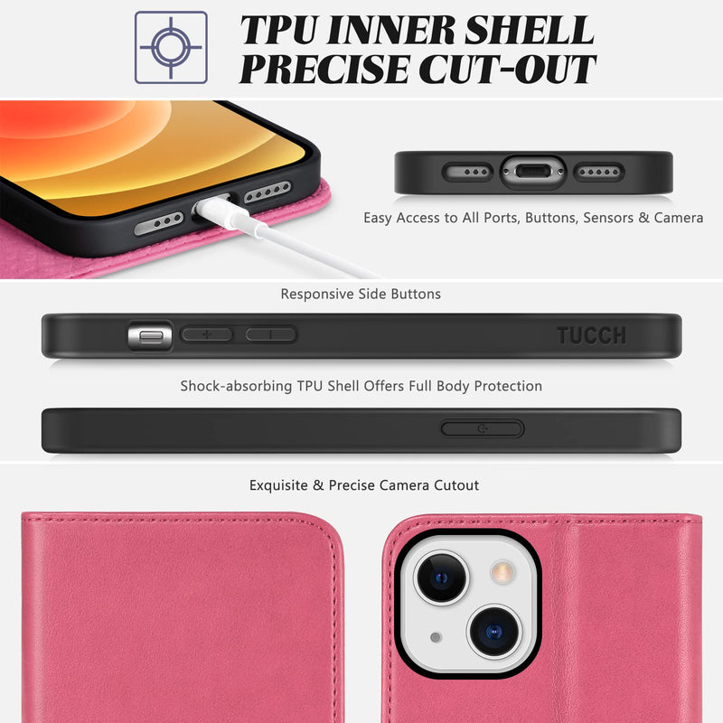 TUCCH Wallet Case for iPhone 13 5G, Credit Card Holder Money Slot Case Wallet, Kickstand PU Leather Folio Flip Cover [TPU Interior Protective Case] Compatible with iPhone 13 6.1", Hot Pink
