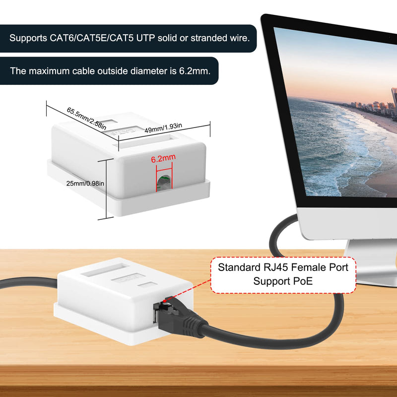 VCELINK Cat6 RJ45 Surface Mount Box Shielded 1-Port, Compatible with UTP Cat6/Cat5e/Cat5 Stranded or Solid Network Cables, 5-Pack, White