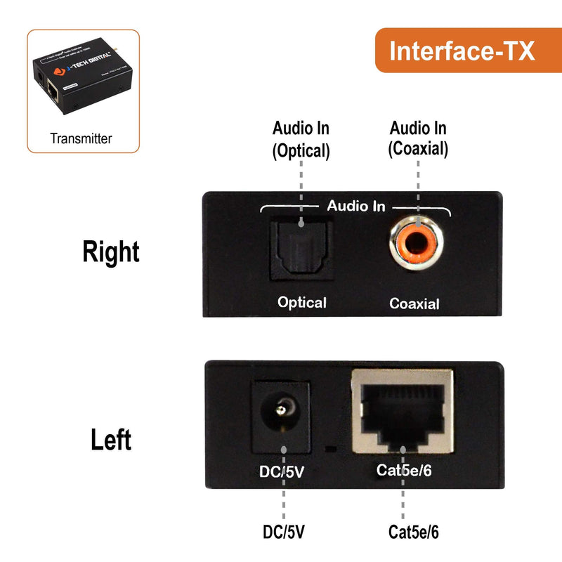 Digital Audio Extender Converter for Optical/Coaxial Audio Over Single Cat5e/6 Cable (PoC) up to 990’ (300m) for Dolby Digital, DTS 5.1, DTS-HD, PCM by J-Tech Digital [JTECH-AET1000] 990 FT