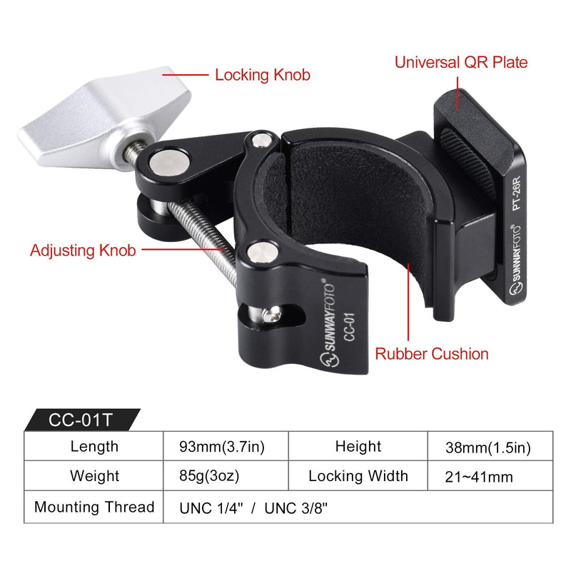 SUNWAYFOTO CC-01T Super Clamp with QR Plate for Phone,DJI OSMO ，Gopro Bike Clamp,Bike Phone Mount Clamp Adjustable